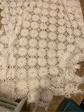 Handmade White Crochet Lace Throw with Fringed Edges